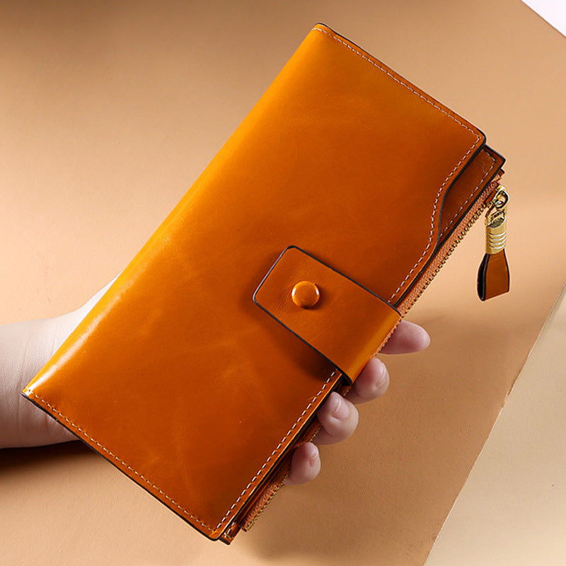 Hot sale anti-theft leather ladies wallet long oil wax leather ladies wallet customization