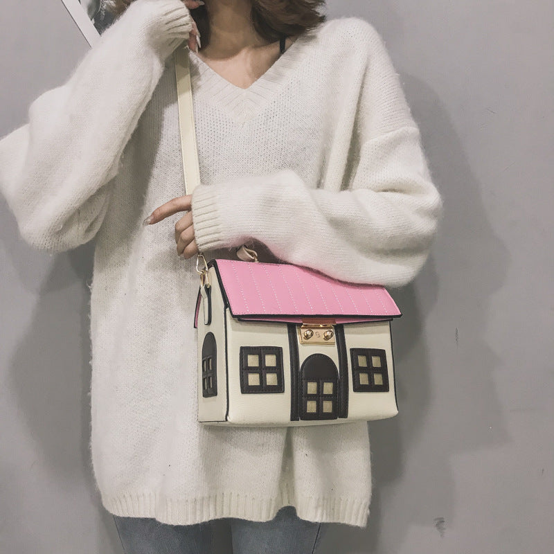 Foreign trade new contrast color creative funny little house messenger bag cartoon cute little house handbag personalized women's bag