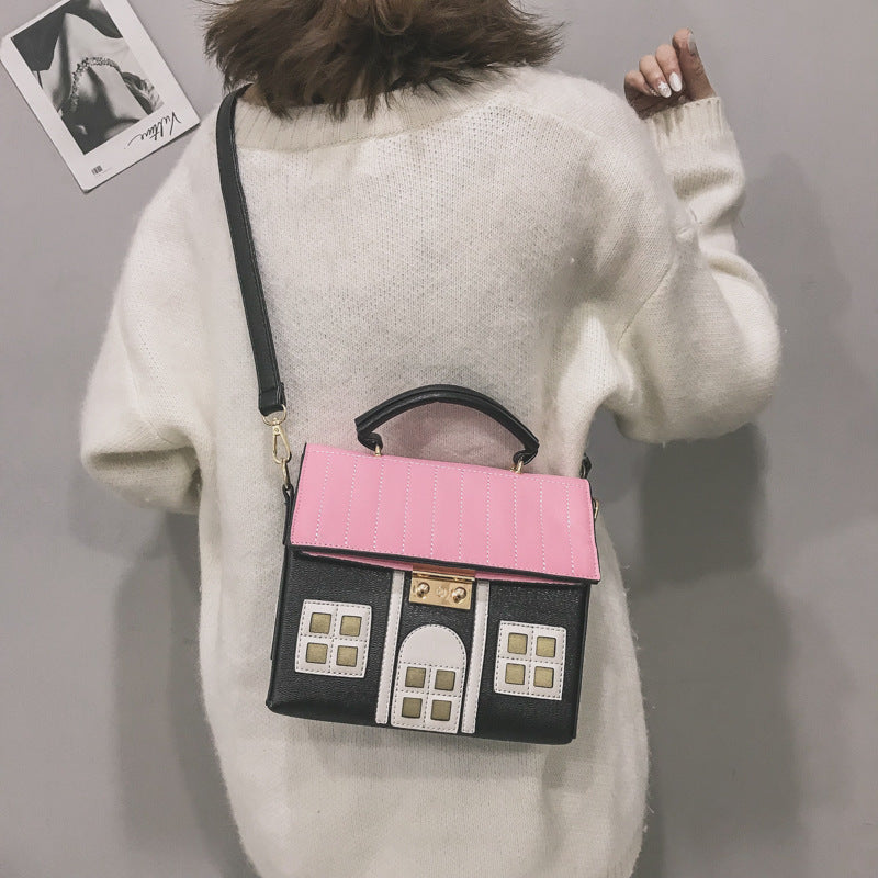 Foreign trade new contrast color creative funny little house messenger bag cartoon cute little house handbag personalized women's bag