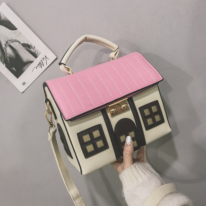 Foreign trade new contrast color creative funny little house messenger bag cartoon cute little house handbag personalized women's bag