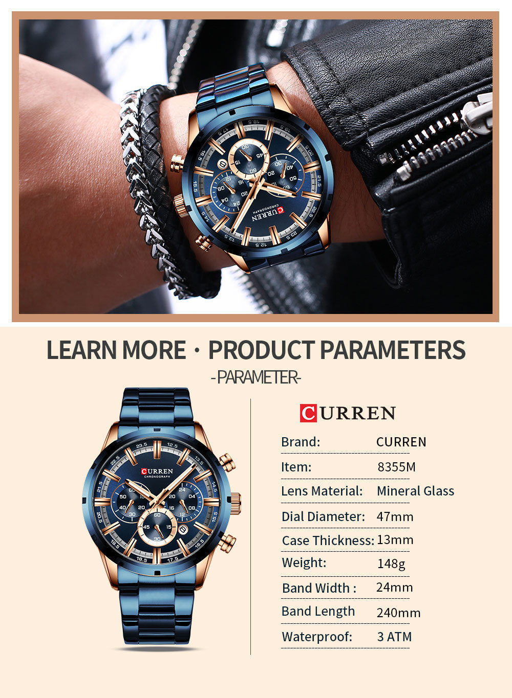 Curren / Karien new 8355 men's watch waterproof quartz six-pin calendar steel belt business men's watch