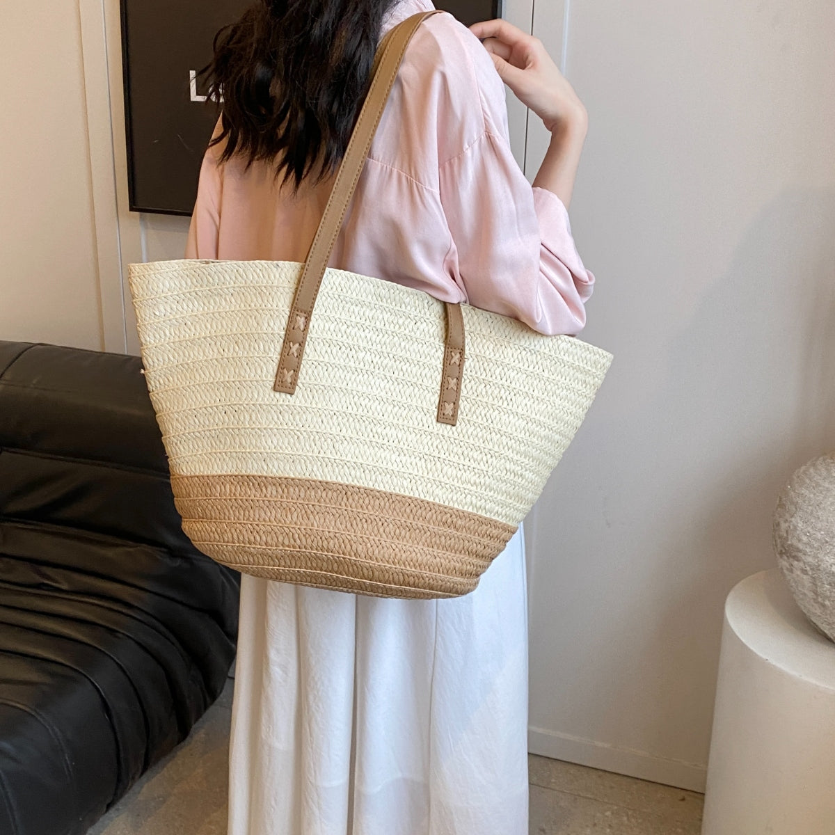 Contrast Straw Braided Handbag