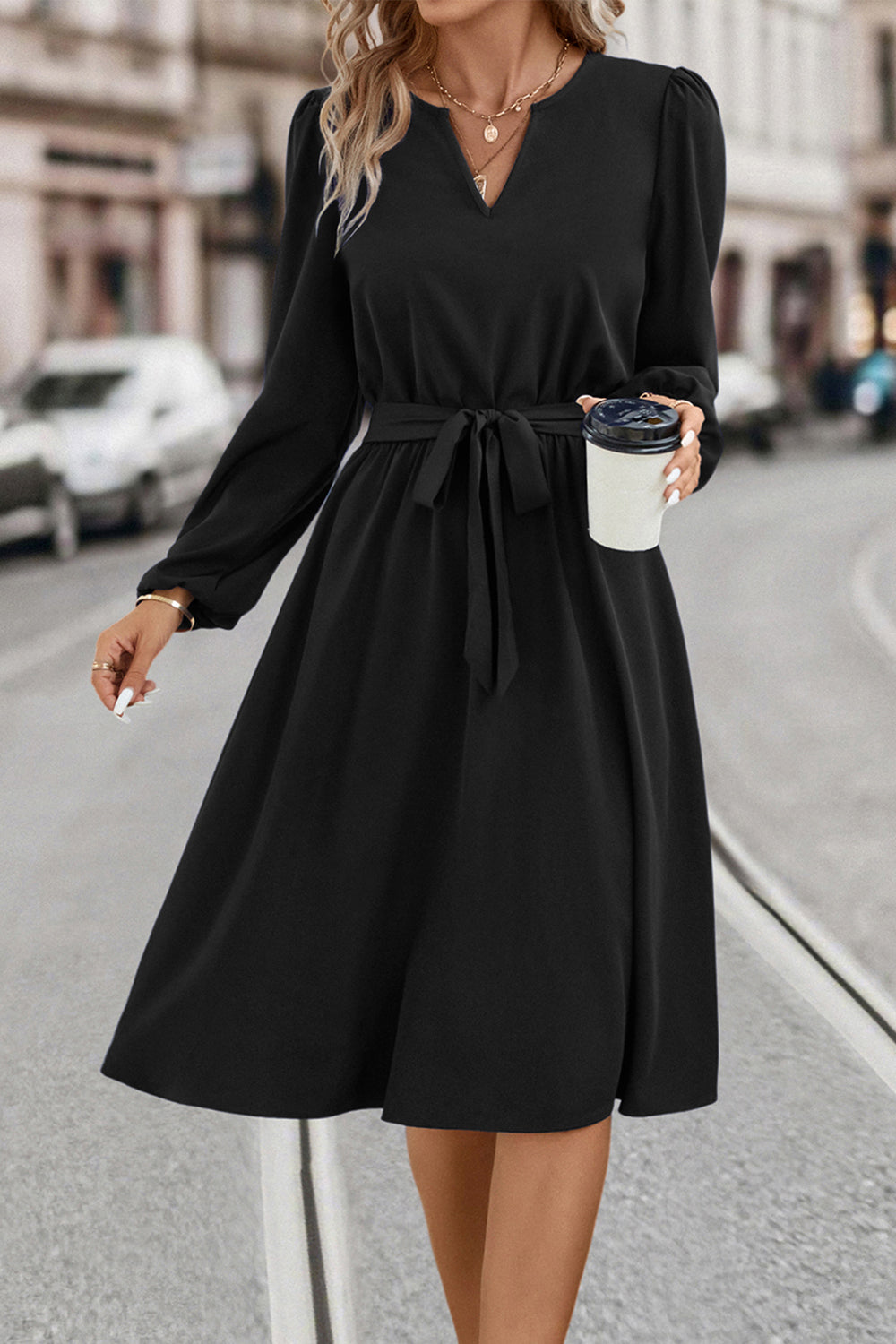 Tie Waist Notched Neck Long Sleeve Dress