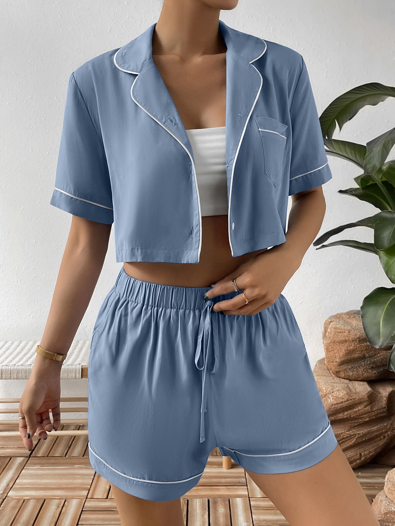 Ivy Lane Contrast Lapel Collar Cropped Shirt and Shorts Lounge Set