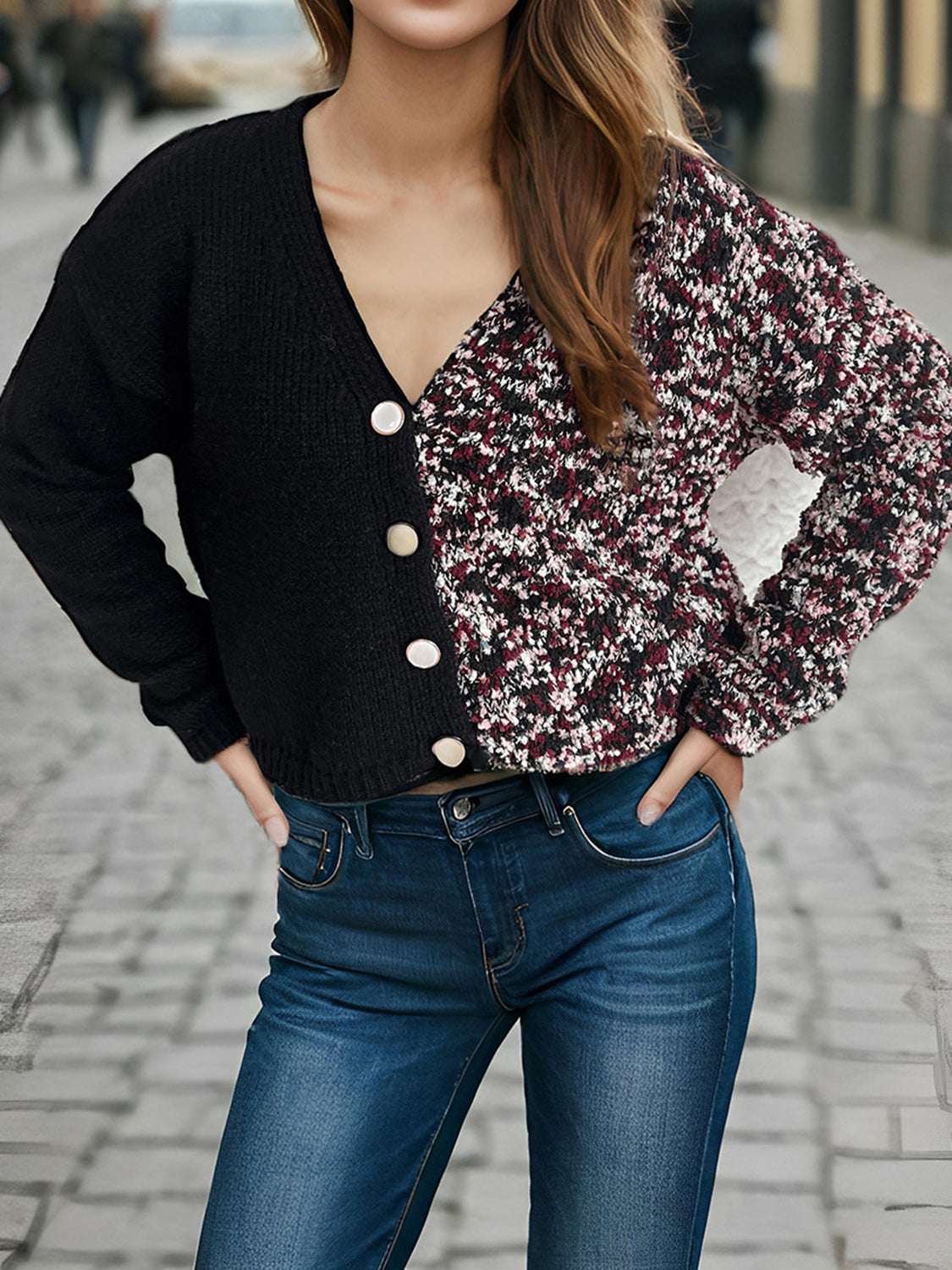 Contrast Button Up V-Neck Cropped Cardigan