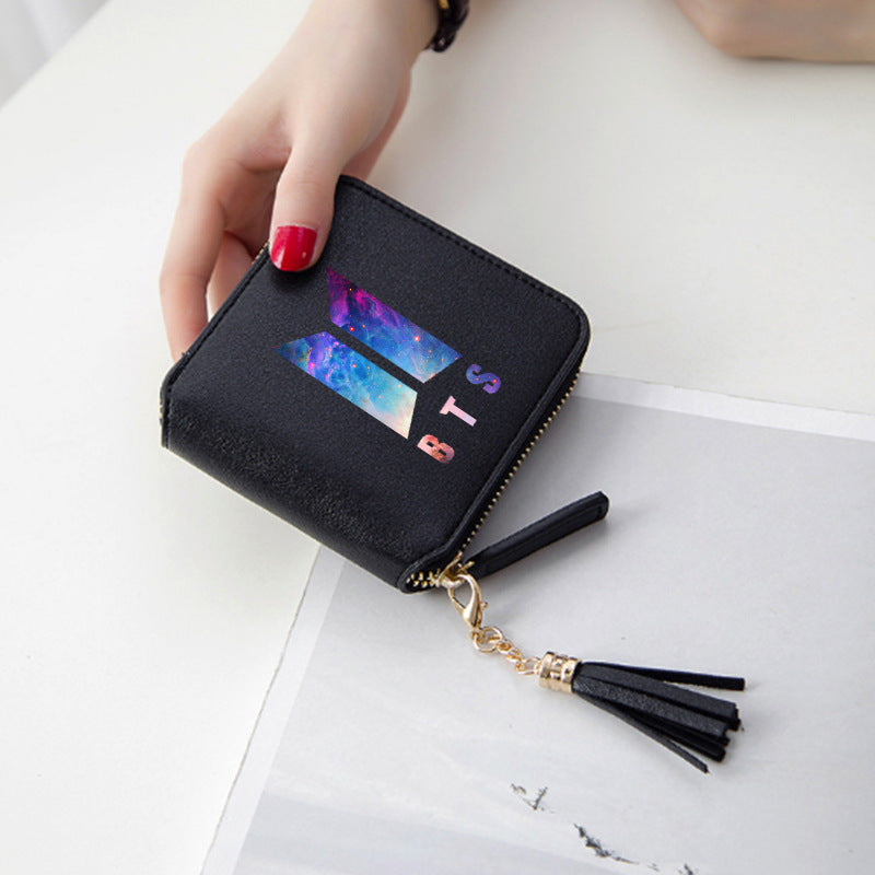 Logo printed tassel wallet female zipper clutch bag