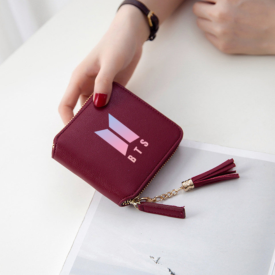 Logo printed tassel wallet female zipper clutch bag