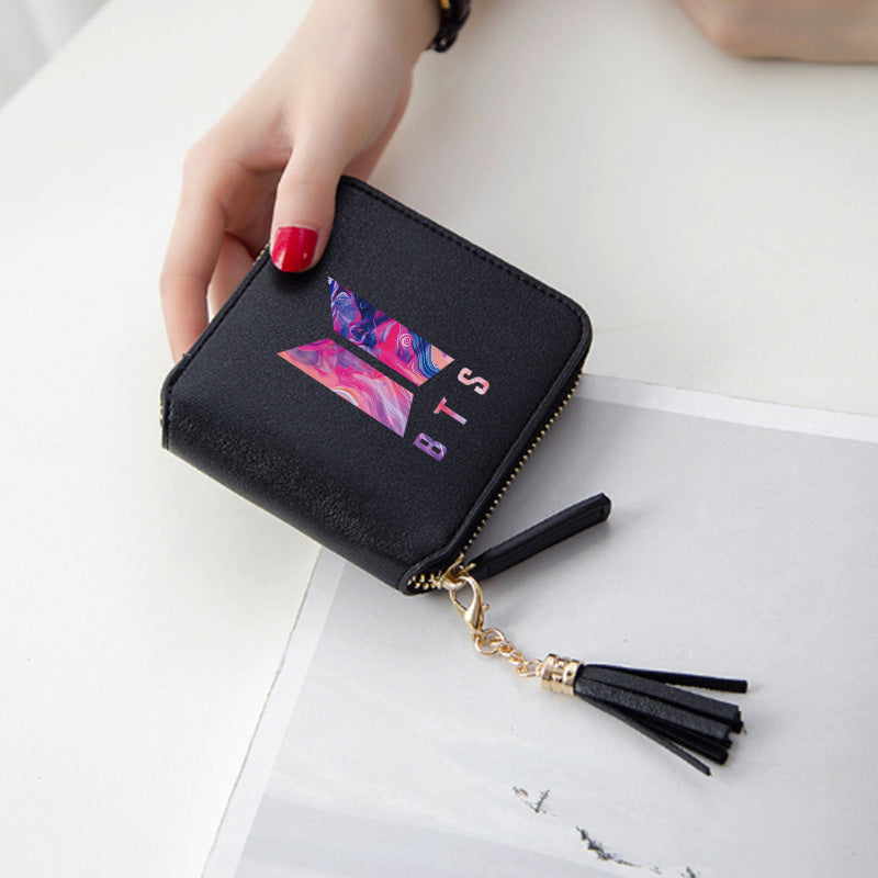 Logo printed tassel wallet female zipper clutch bag