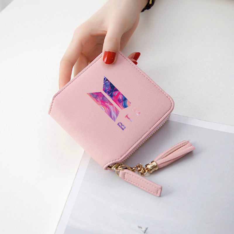 Logo printed tassel wallet female zipper clutch bag