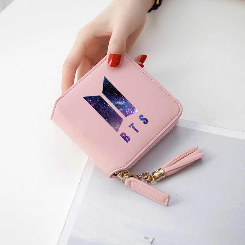 Logo printed tassel wallet female zipper clutch bag