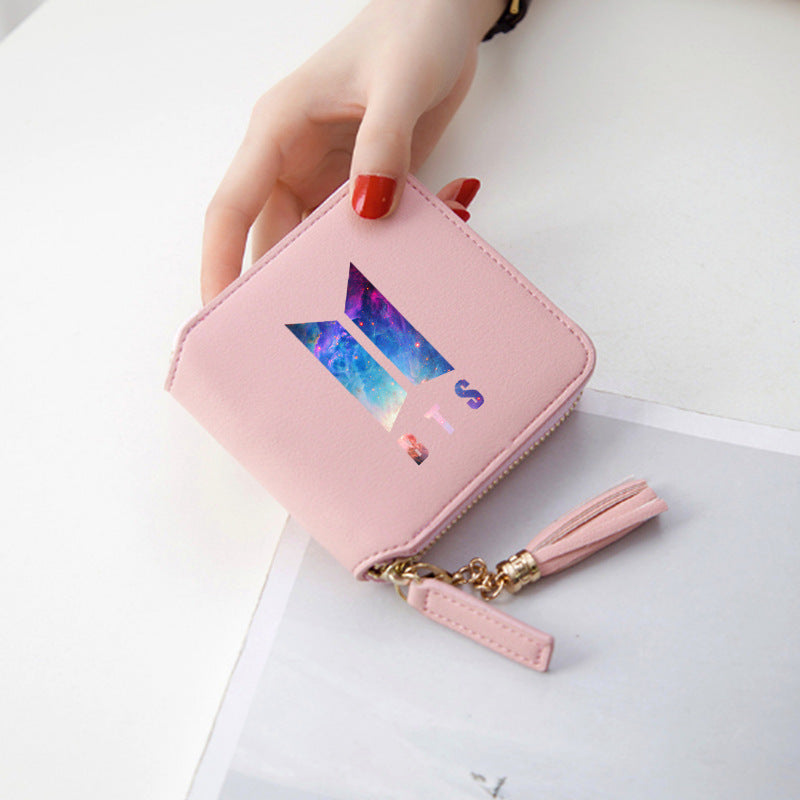 Logo printed tassel wallet female zipper clutch bag