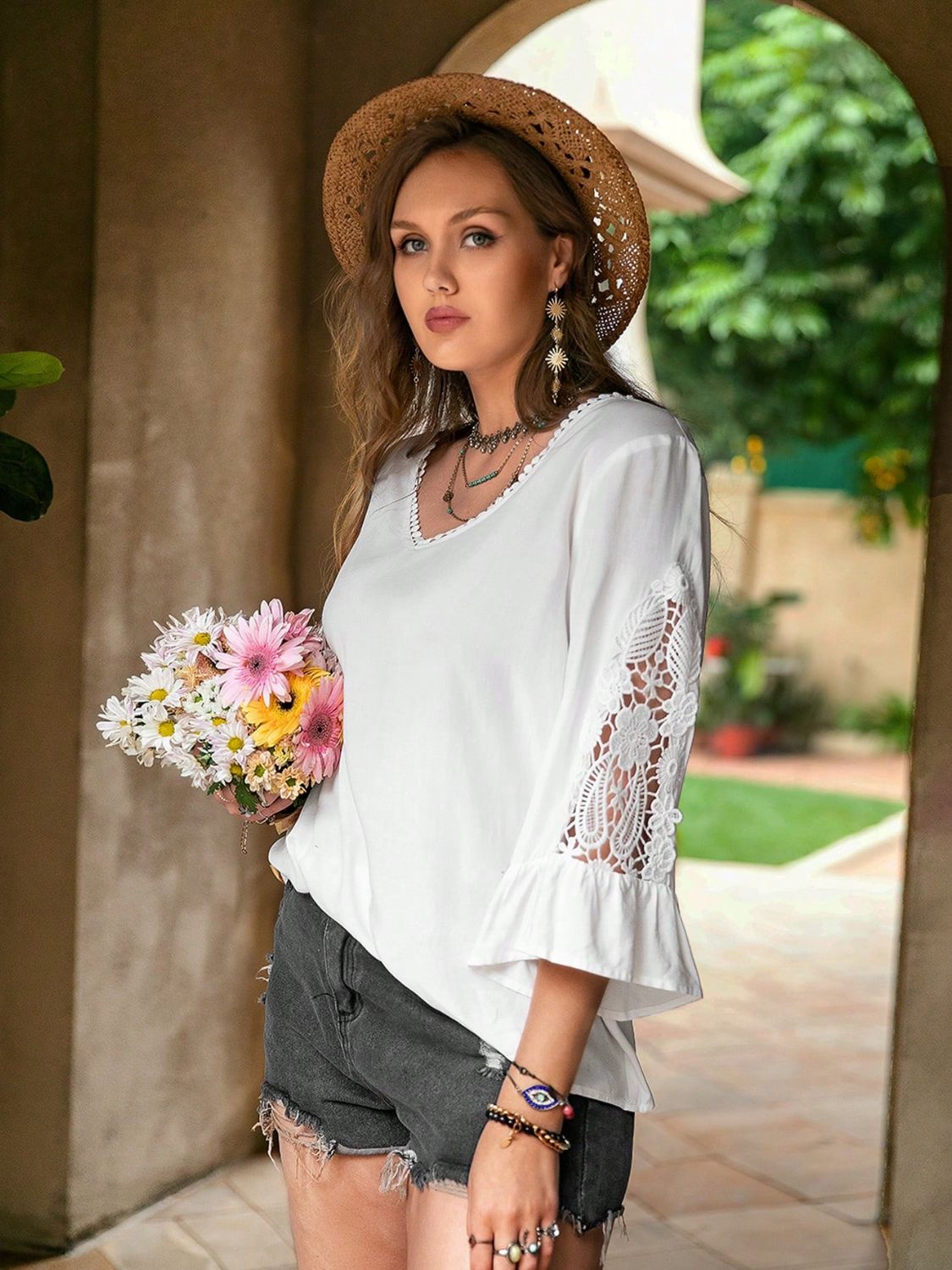 Plus Size Lace Detail V-Neck Three-Quarter Sleeve Blouse