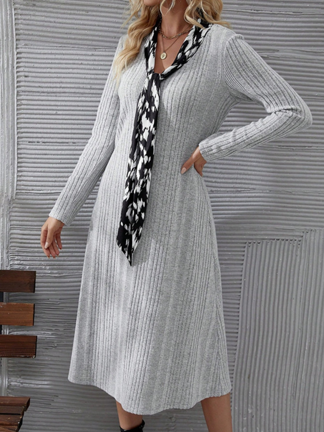 V-Neck Long Sleeve Midi Dress