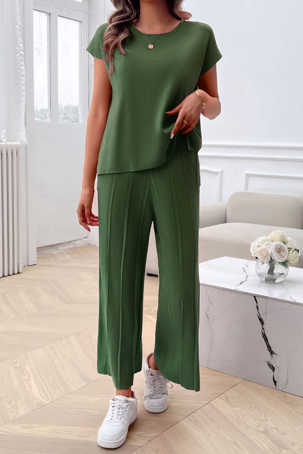 Devine Round Neck Short Sleeve Top and Pants Set