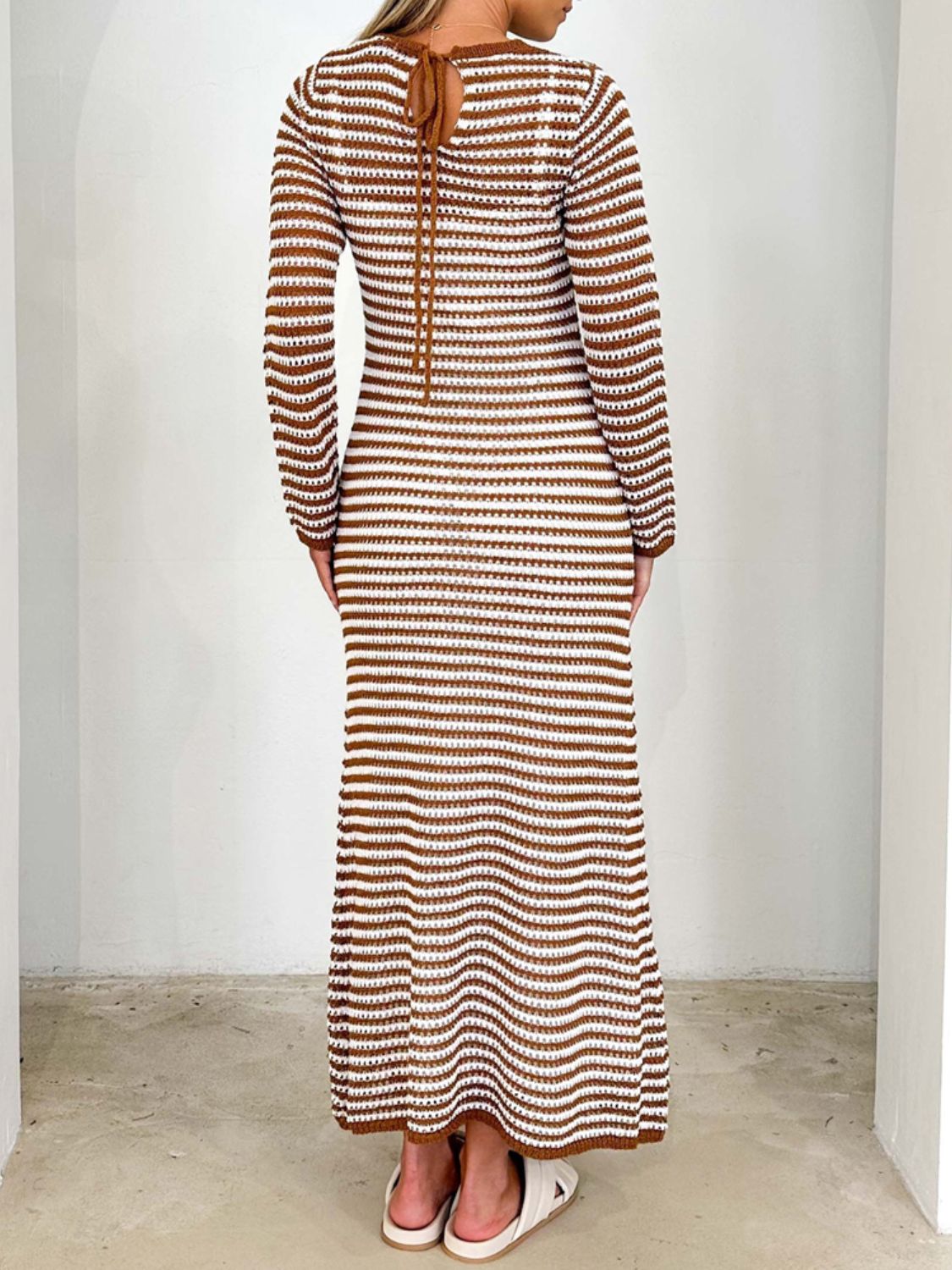 Devine Tied Round Neck Striped Sweater Dress