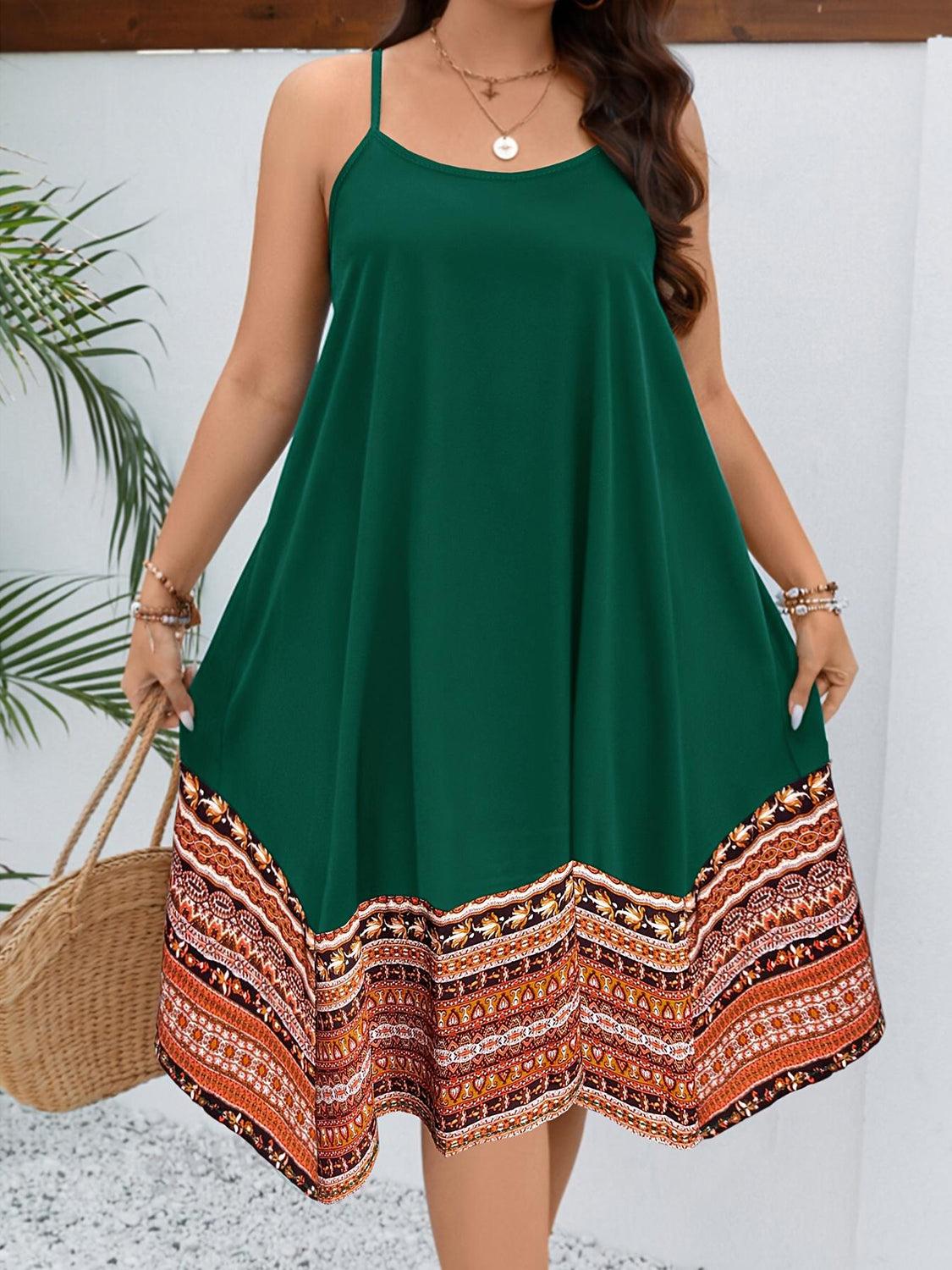 Plus Size Printed Round Neck Cami Dress