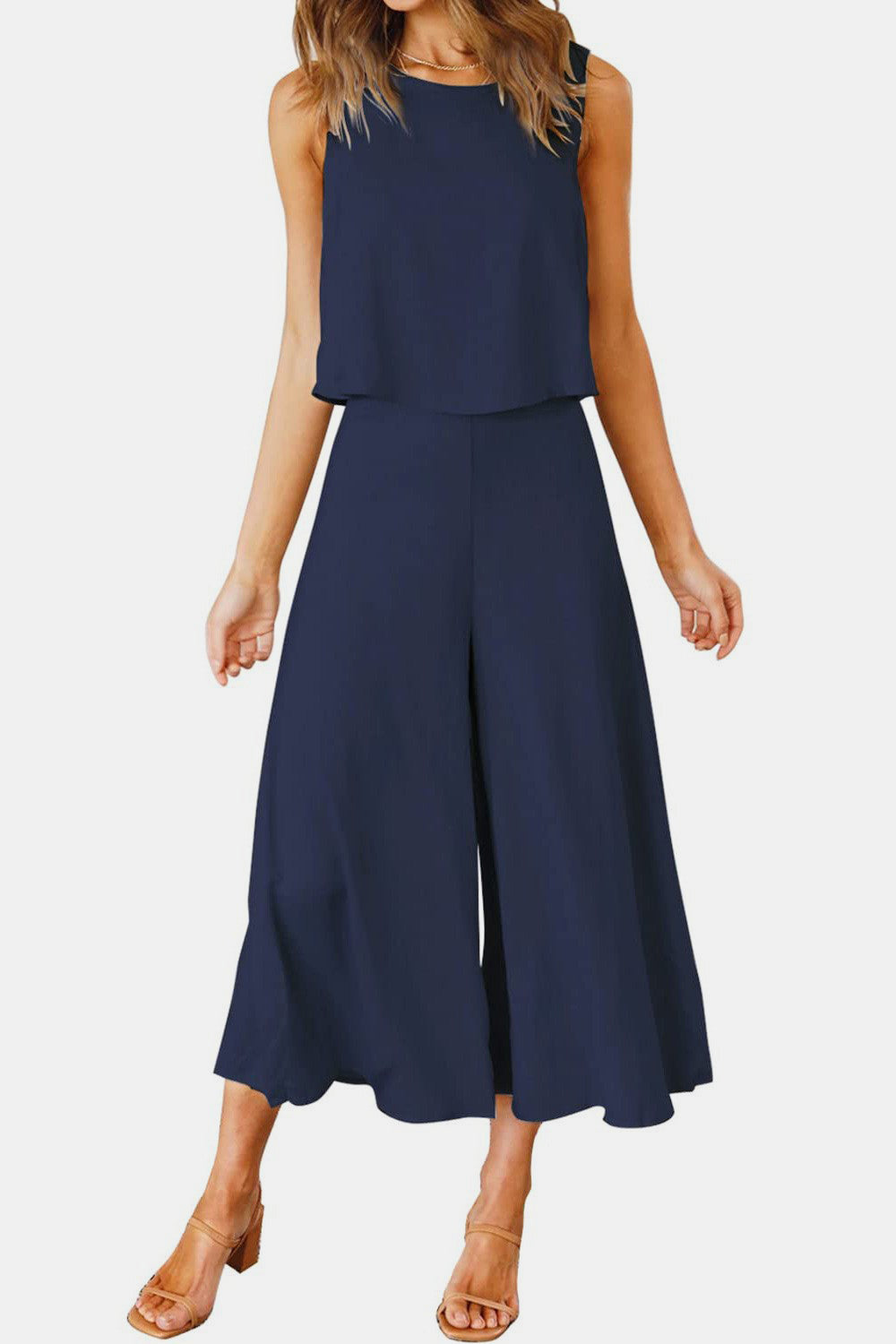 Round Neck Top and Wide Leg Pants Set