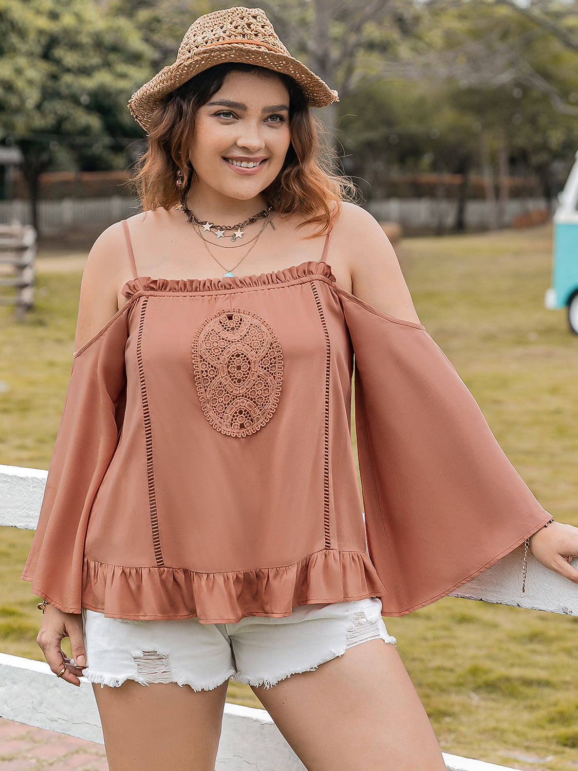 Plus Size Frill Square Neck Long Sleeve Blouse