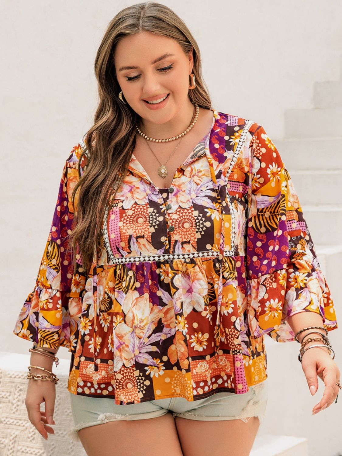 Plus Size Printed Tie Neck Blouse