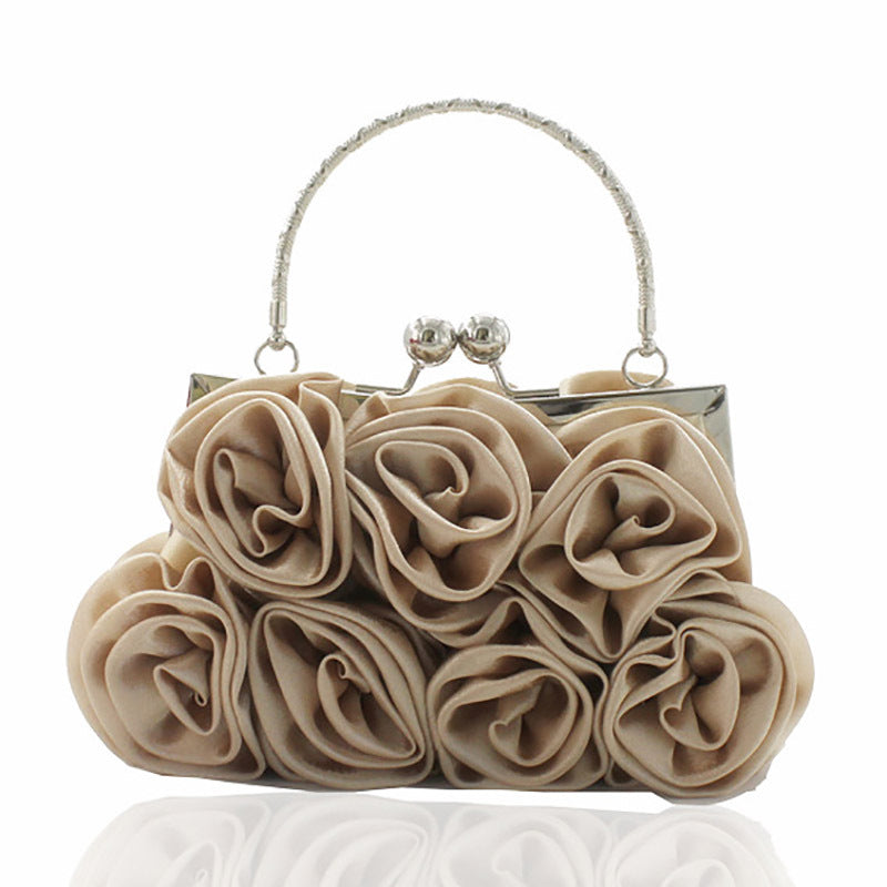 Foreign trade satin flower cloth bag handmade sewing 14 roses dinner bag satin cloth dress bag bride bag