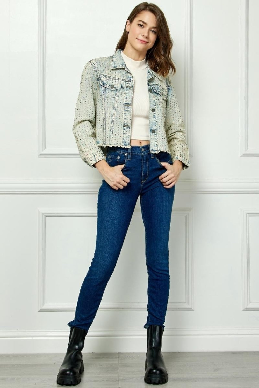 Veveret Multi Color Stripe Rhinestone Raw Hem Denim Jacket