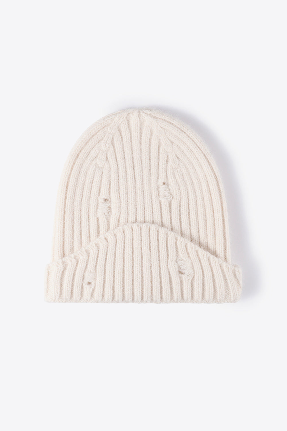 Distressed Rib-Knit Beanie