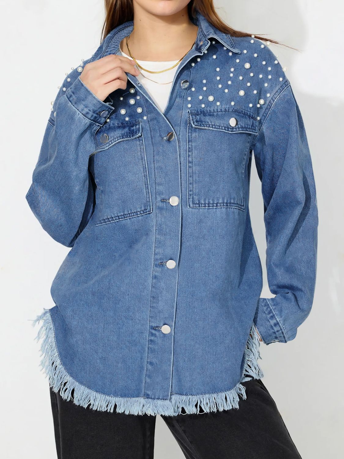 Raw Hem Pearl Trim Collared Neck Denim Top