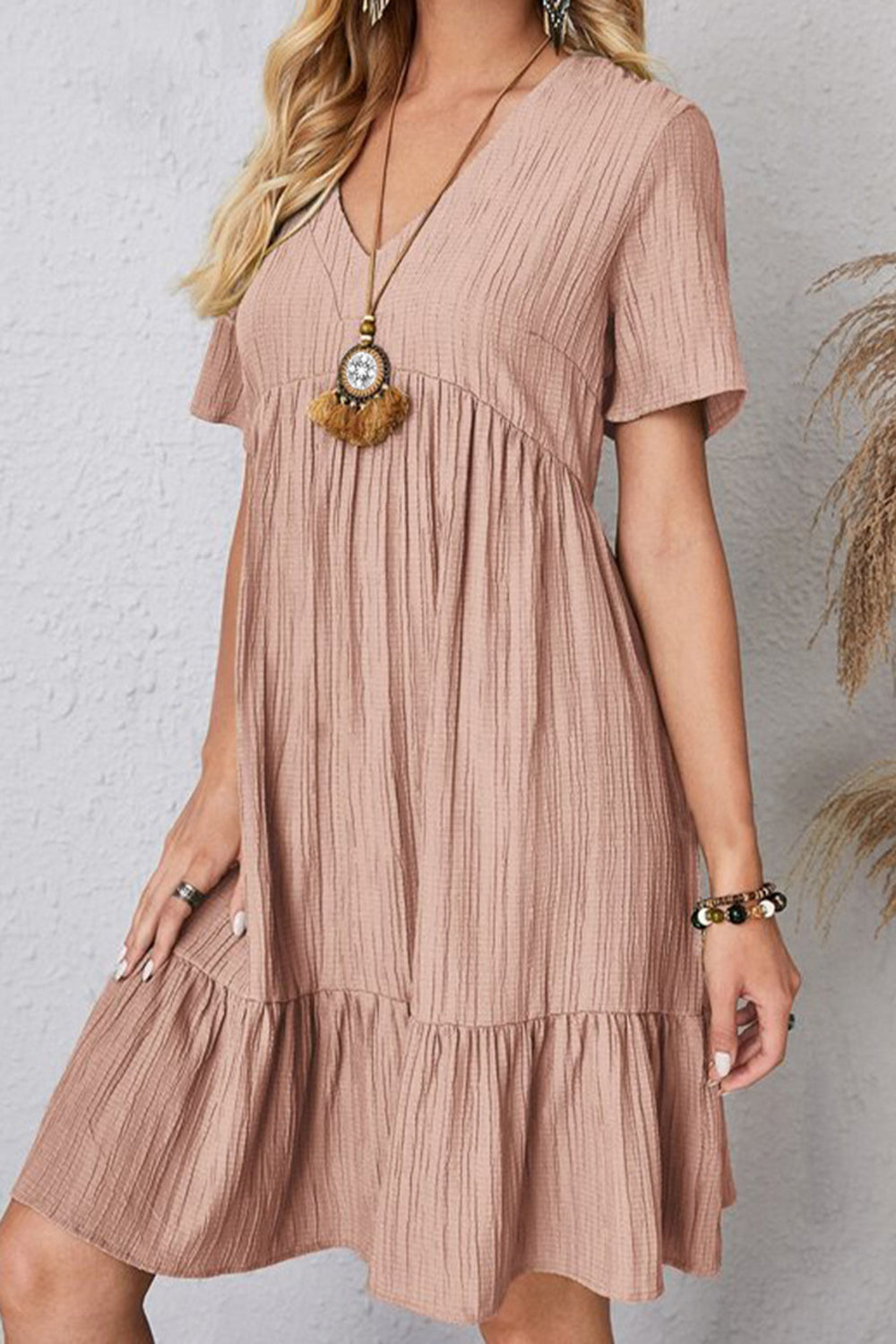 Full Size Ruched V-Neck Short Sleeve Dress