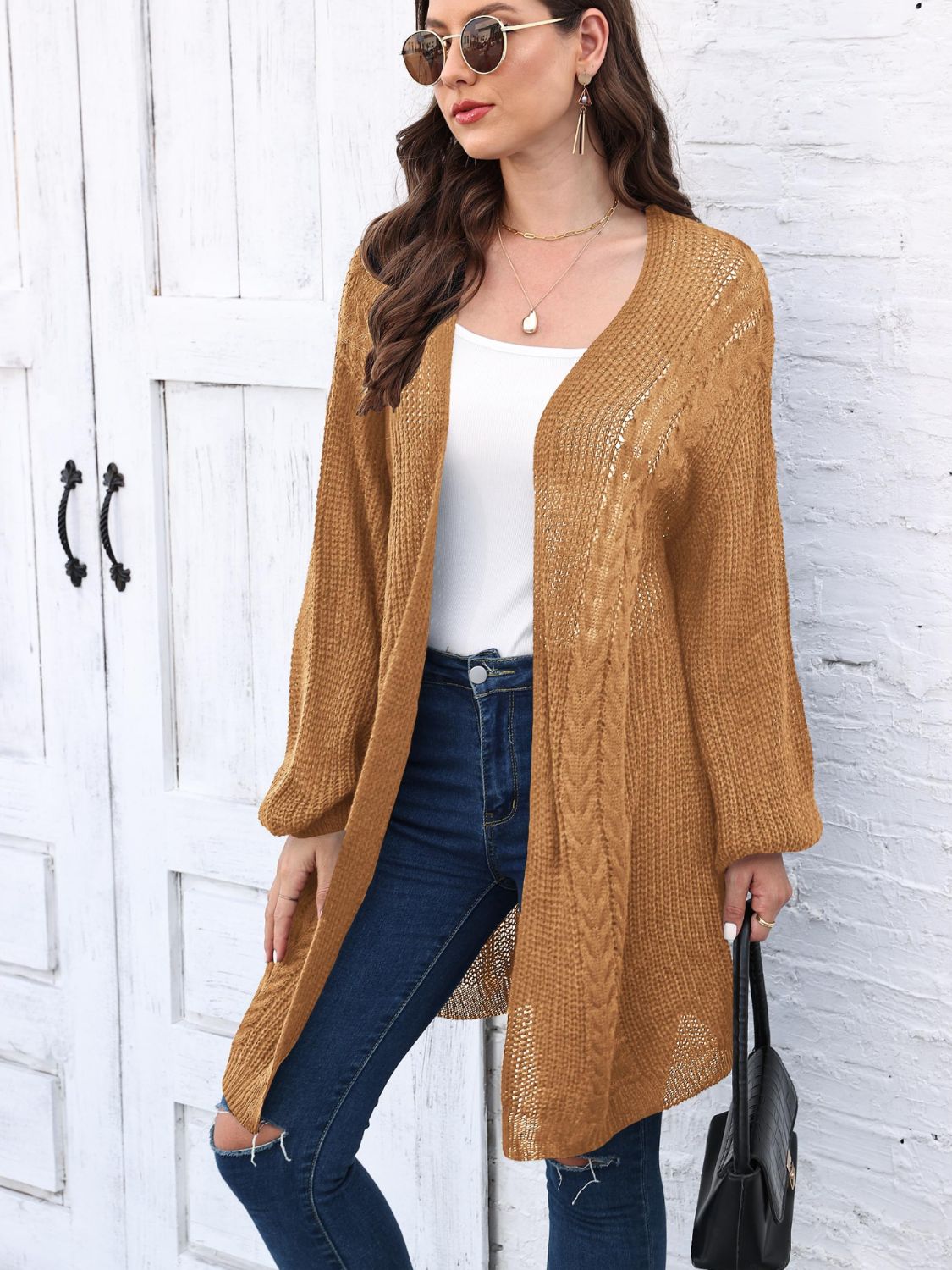 Cable-Knit Open Front Long Sleeve Cardigan