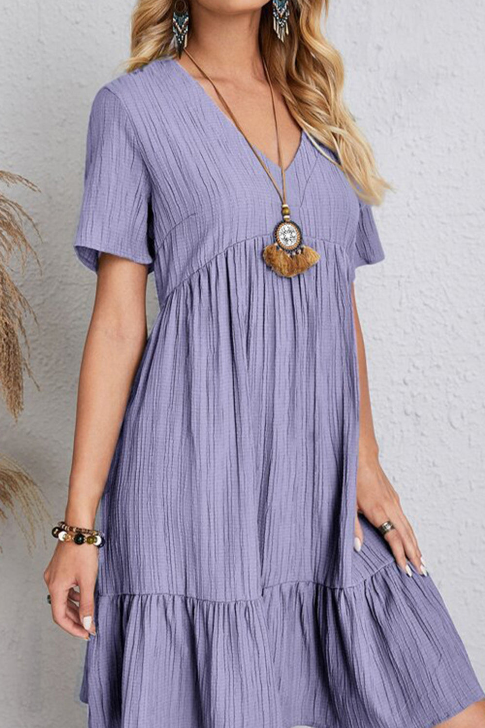 Full Size Ruched V-Neck Short Sleeve Dress