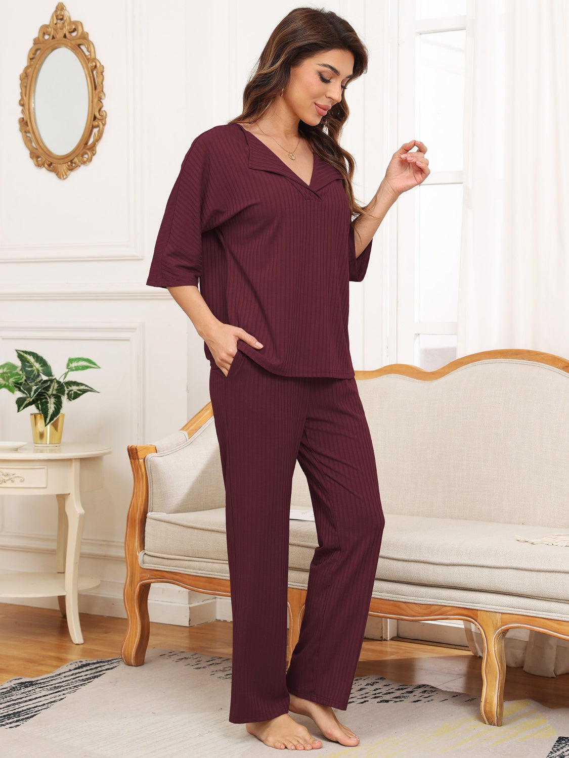 Ribbed Half Sleeve Top and Pocketed Pants Set