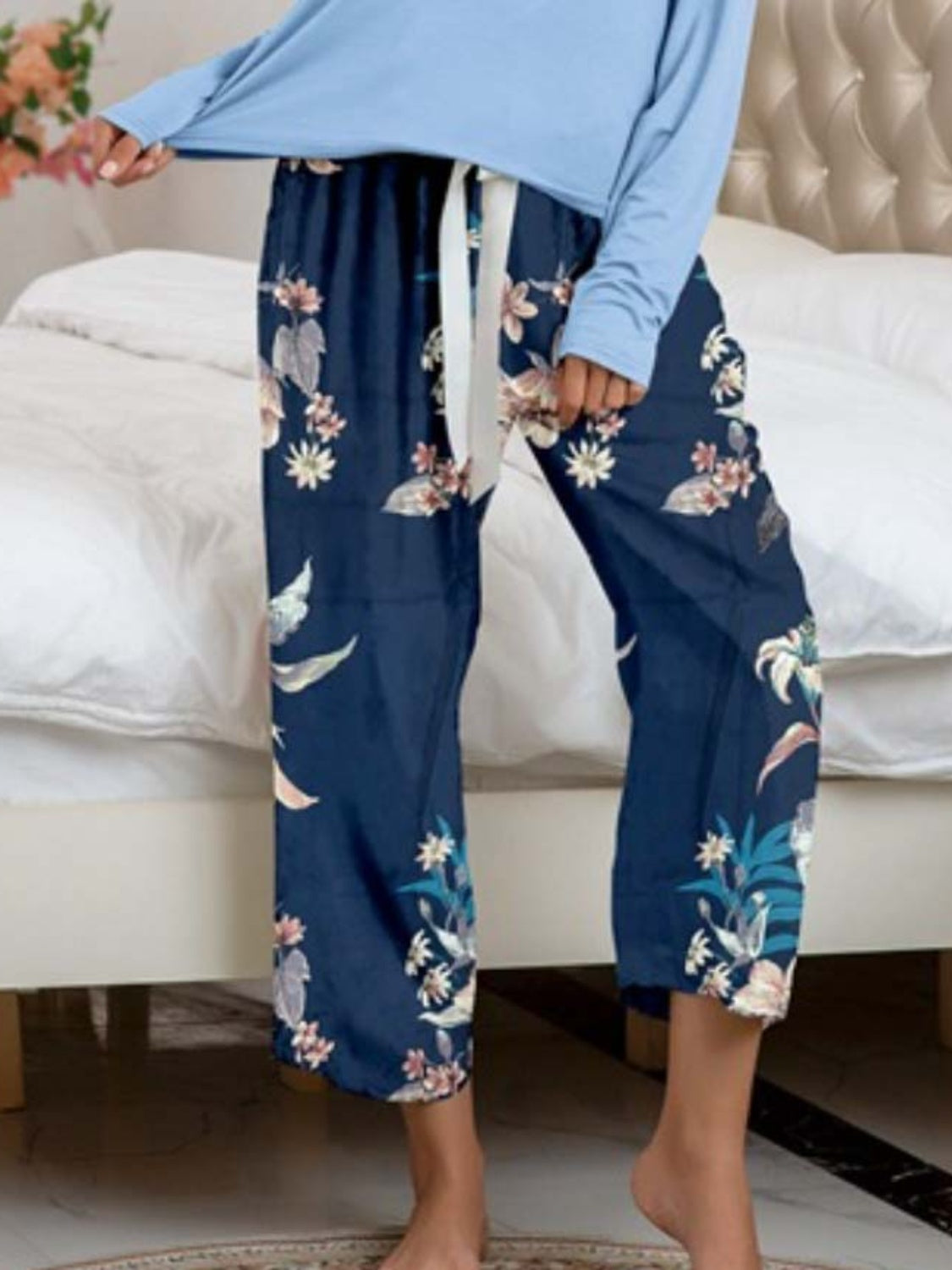 Round Neck Top and Printed Pants Lounge Set