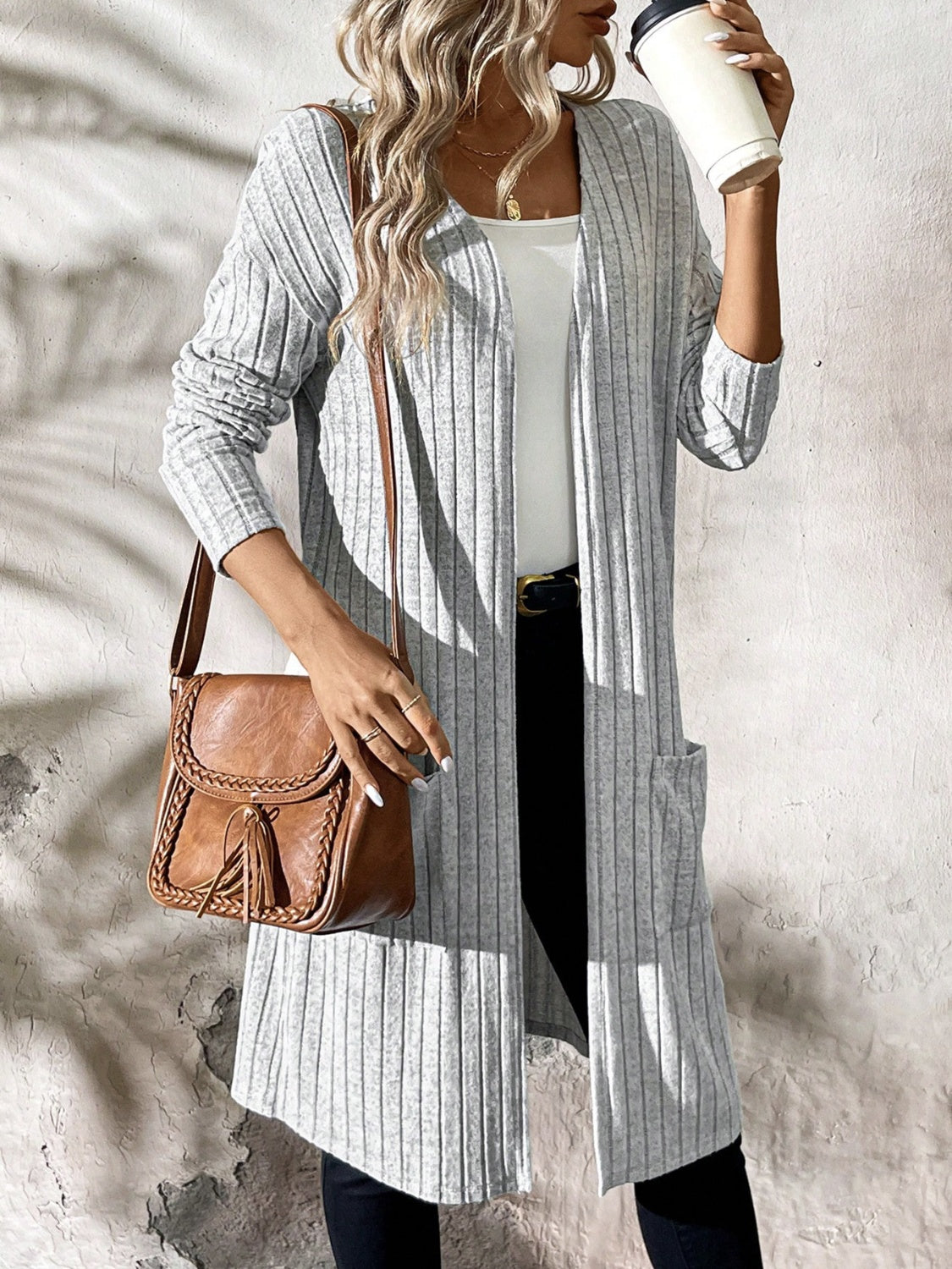 Ribbed Open Front Long Sleeve Cardigan with Pockets