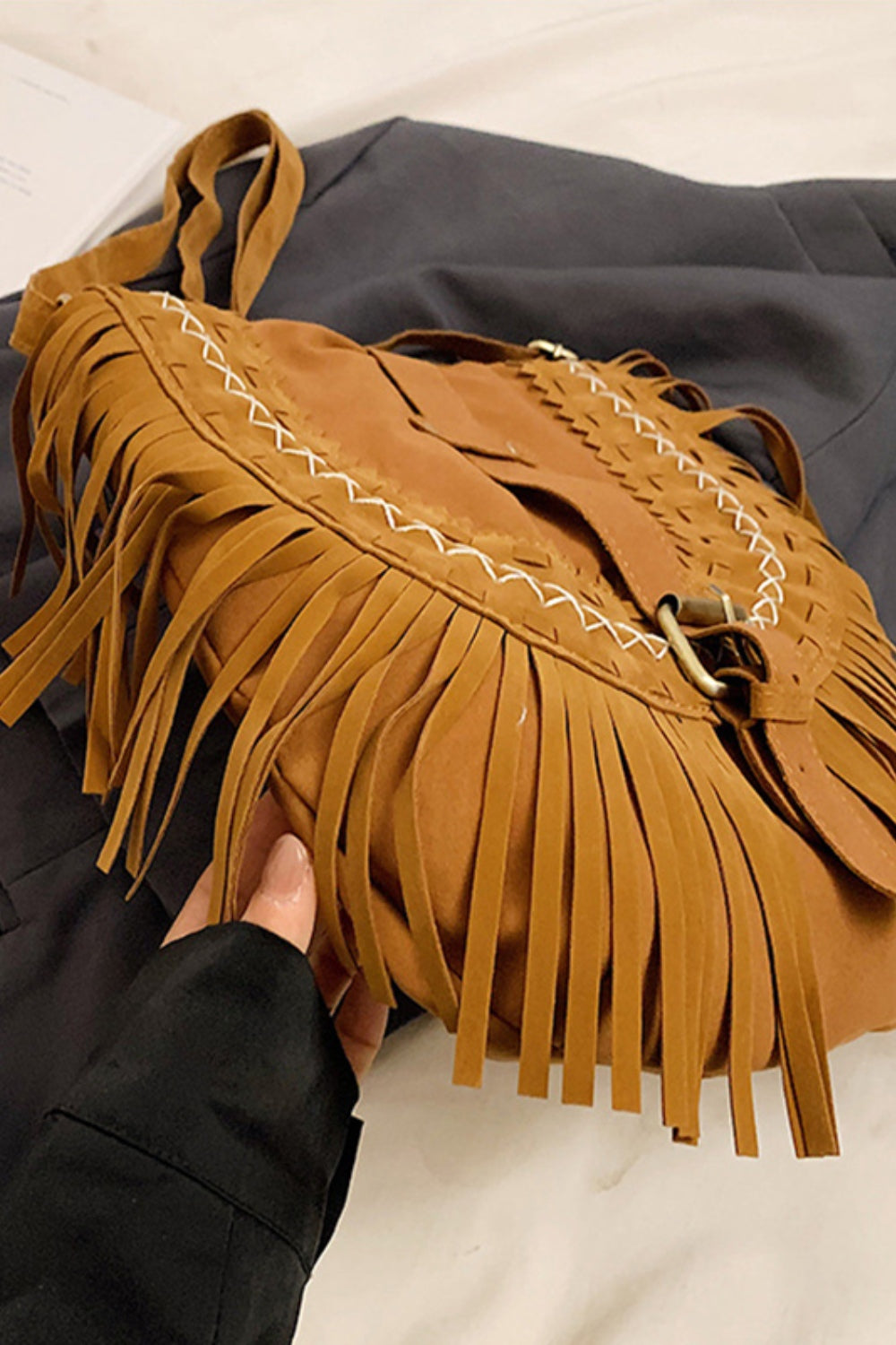 Suede Fringe Wide Strap Shoulder Bag