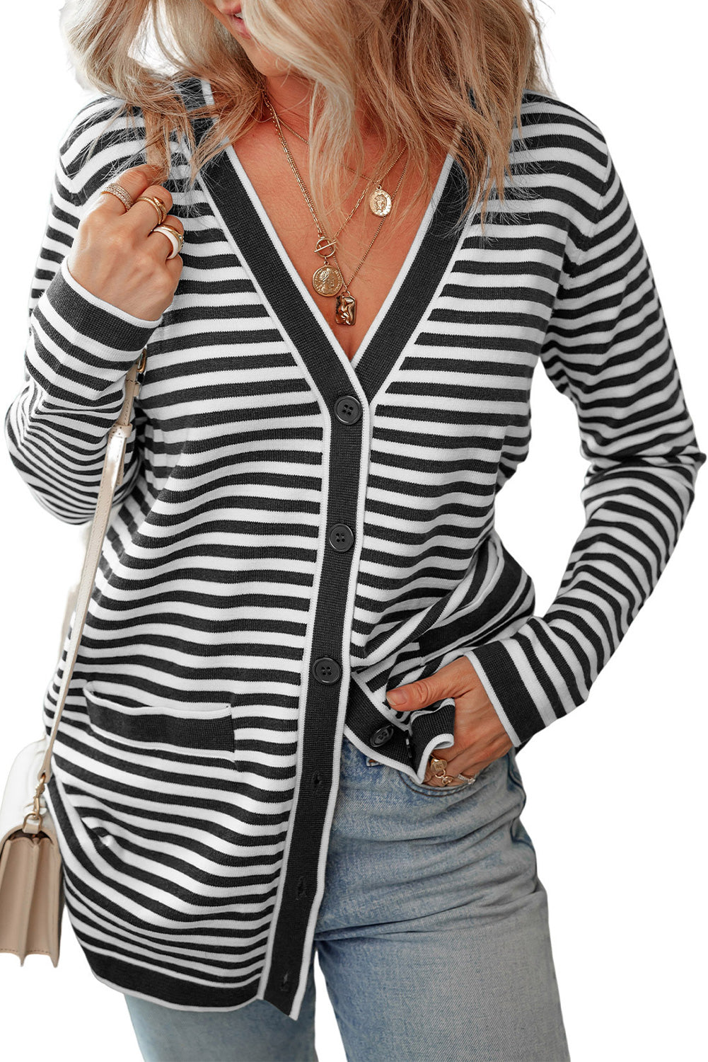 Striped Open Front Long Sleeve Cardigan