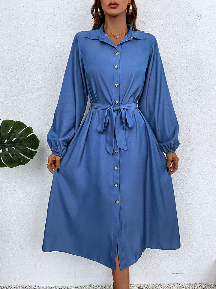 Honey Button-Down Tie Waist Collared Neck Dress