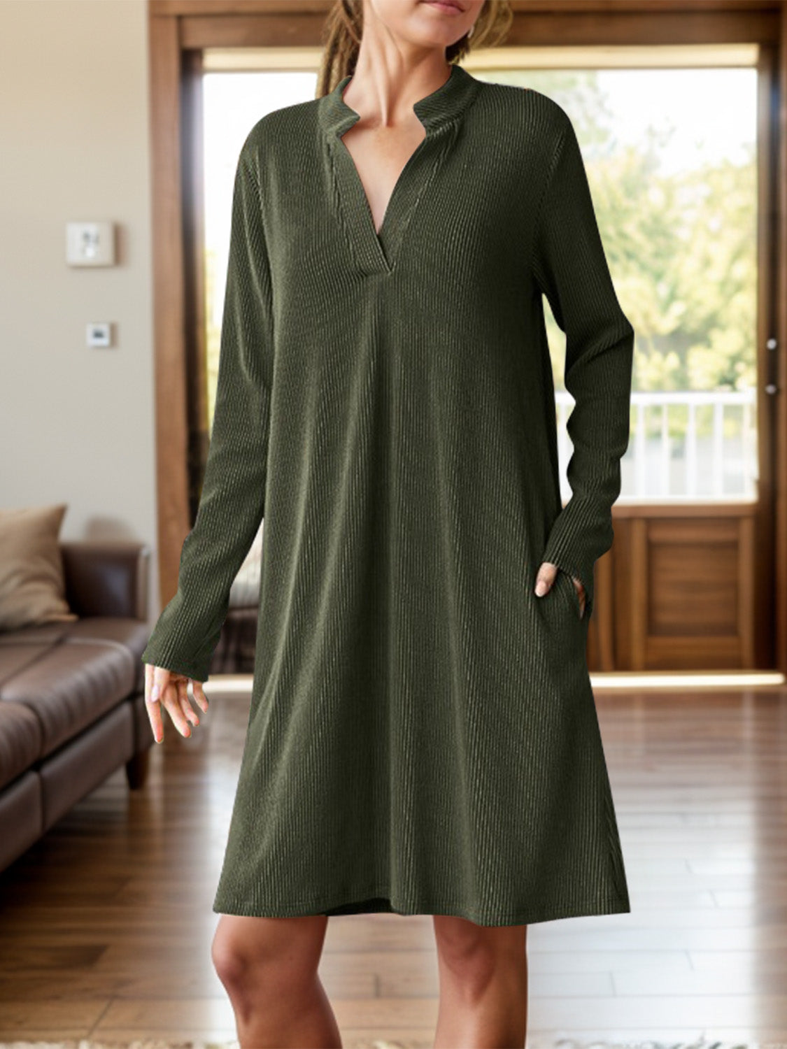 Notched Long Sleeve Mini Dress with Pockets