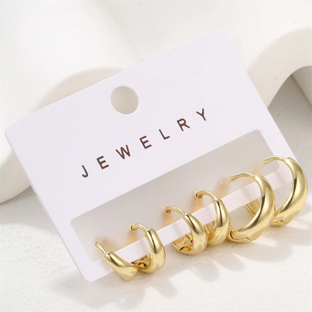 6pcs Set Chic Glossy Gold Plated Copper Metal Oval Huggie Hoop Earrings Set for Women Teens Daily Match Stackable Hoops Jewelry