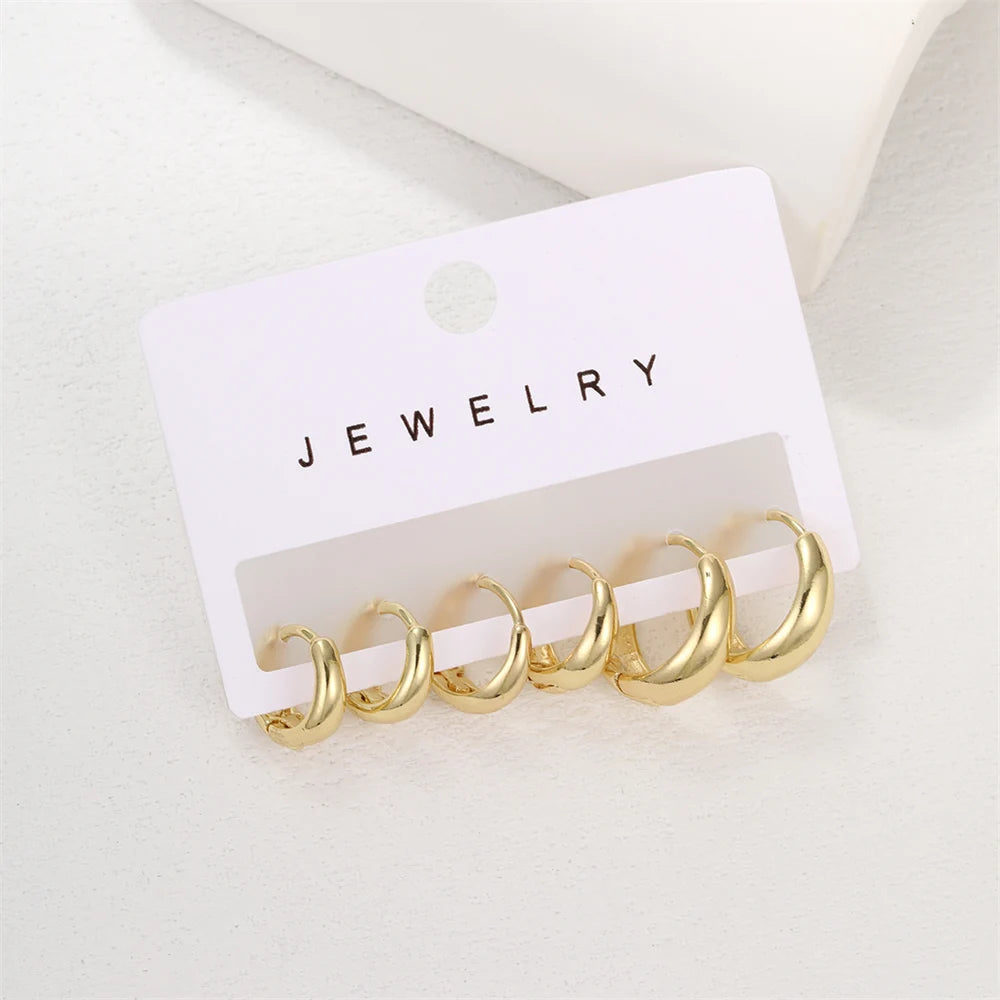 6pcs Set Chic Glossy Gold Plated Copper Metal Oval Huggie Hoop Earrings Set for Women Teens Daily Match Stackable Hoops Jewelry