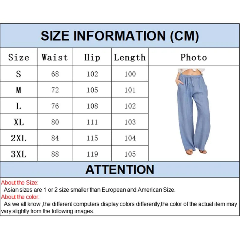 Summer and Autumn Women Cotton Linen Pants Solid Casual Elastic Waist Pockets Wide Leg Trousers Fashion Ladies Straight Pants