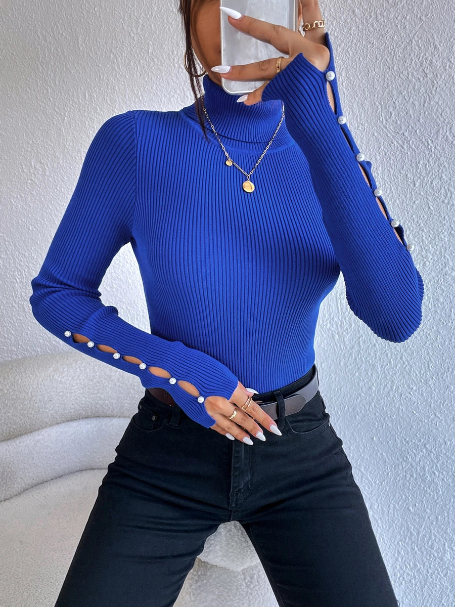 New Autumn Winter Women Fold Turtleneck Long Cut out Pearls Sleeve Pull Sweater Casual Rib-Knit Jumper Tops Female Y2K Clothing