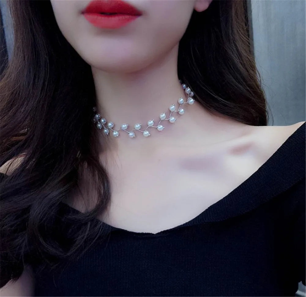 New Beads Women's Neck Chain Kpop Pearl Choker Necklace Gold Color Goth Choker Jewelry On The Neck Pendant 2021 Collar For Girl