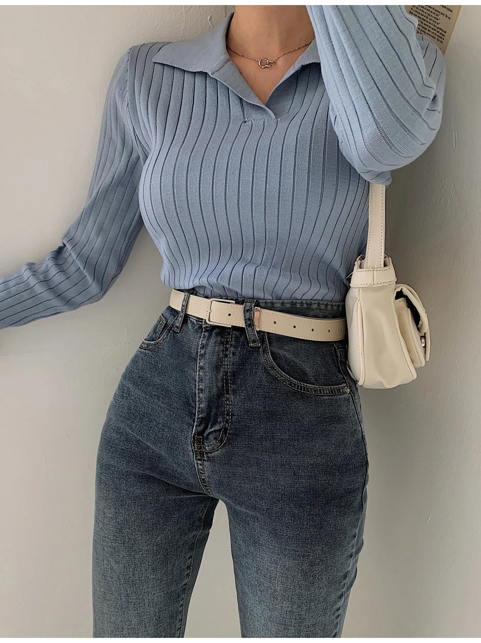 Korean Style Turn-Down Collar Women Sweater Female Long Sleeve Top Casual Pullover Knitted Sweaters Fall Clothes Sueter Feminino