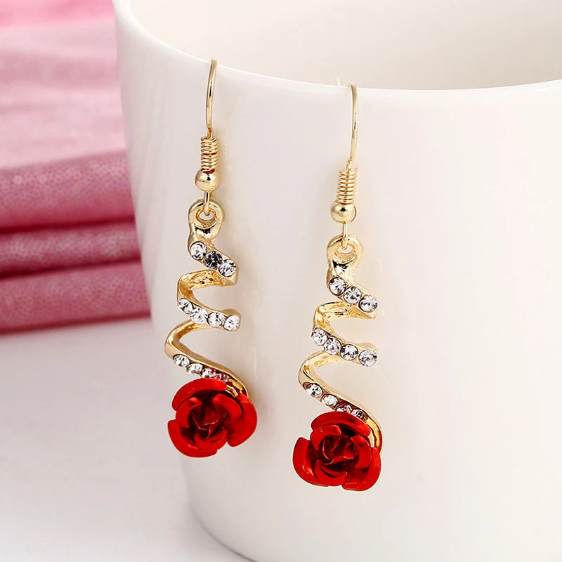 New Fashion Jewelry Red Rose Drop Earrings Women Vintage Rhinestone Flowers Dangle Earring Weddings Engagement Party Jewelry