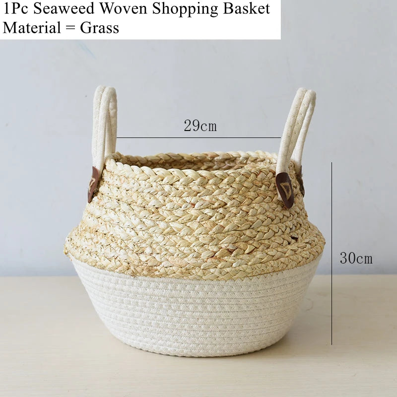 Zerolife-Seaweed Wicker Basket with Handle, Rattan Hanging Flower Pot, Dirty Clothes Storage, Children's Toy Sorting, 3 Size