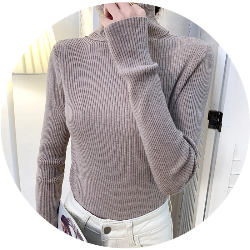 ZOKI New 2023 Women Pullover Turtleneck Sweater Autumn Long Sleeve Slim Elastic Korean Simple Basic Cheap Jumper Solid Color Top