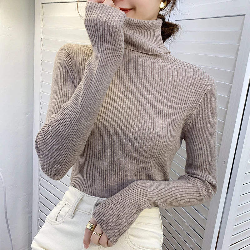 ZOKI New 2023 Women Pullover Turtleneck Sweater Autumn Long Sleeve Slim Elastic Korean Simple Basic Cheap Jumper Solid Color Top