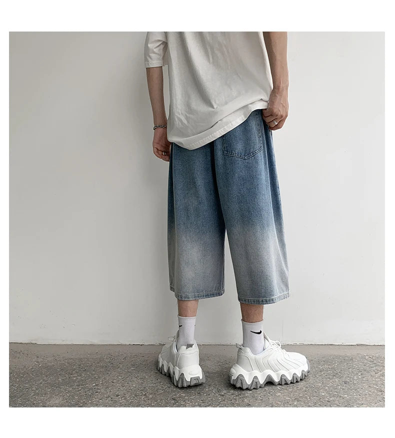 Summer Gradient Jeans Shorts Male Calf Length Trousers Denim Elastic Waist Short Jean Mens Oversized Black/Blue S-2XL