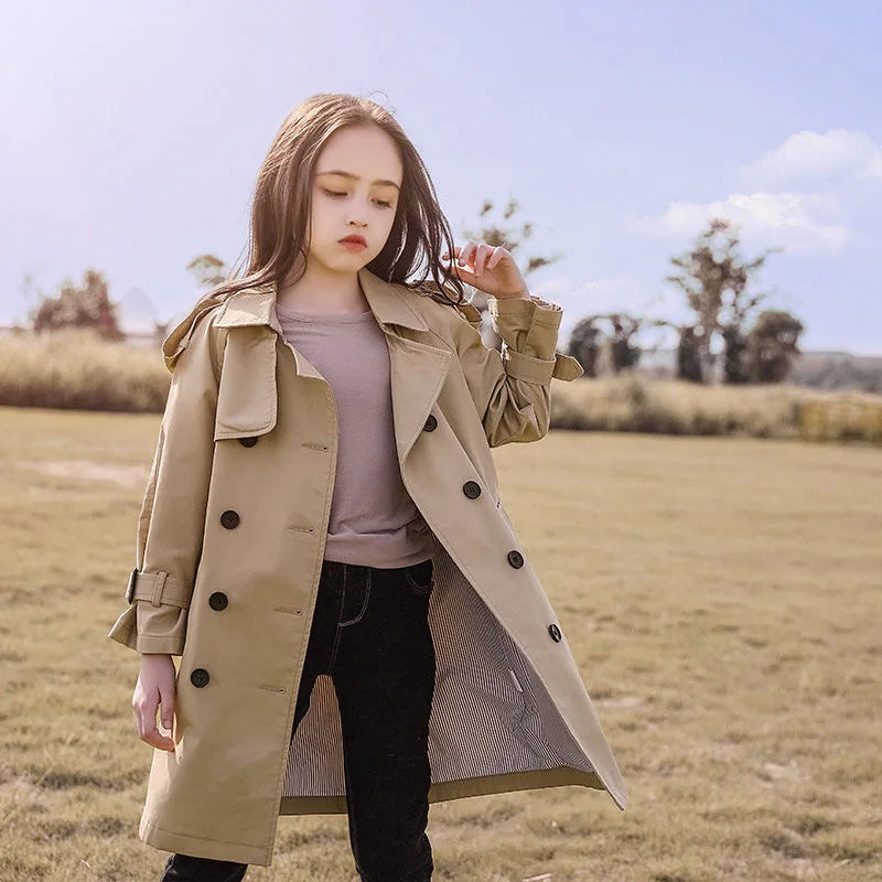 4-13 Years Teen Girls Long Trench Coats New Fashion England Style Windbreaker Jacket For Girls Spring Autumn Children's Clothing