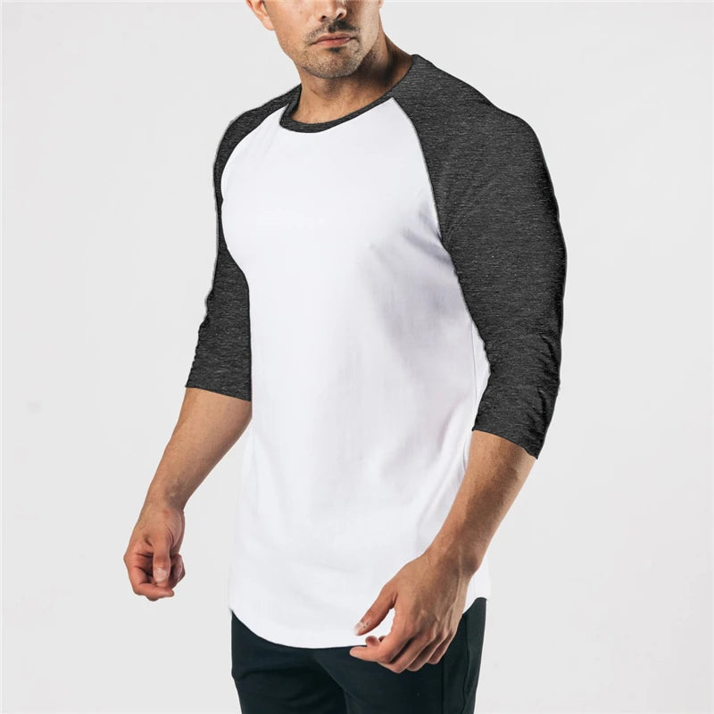 Autumn Gym Clothing 3/4 Sleeve Sports T Shirt Men Solid Cotton Running Shirt Men Workout Training Tees Fitness Tops T-shirt